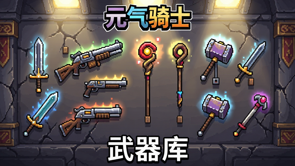 主体:游戏中的武器展示墙,墙上挂满了各种武器,包括剑、枪、法杖、锤子等。布局:正面视角,武器排列整齐,光线从上方打下。排版:画面底部有“武器库”字样,顶部有“元气骑士”Logo。风格:像素风格,色彩丰富,每种武器都有光效。细节:武器纹理清晰,有金属光泽,墙上有裂纹和装饰。画质:高清渲染,干净,无多余元素。