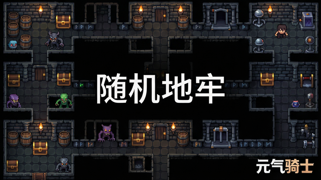 主体:游戏画面中的随机地牢场景,多个不同风格的房间排列,有宝箱、怪物和机关。布局:俯视视角,展示地牢全貌,房间之间用走廊连接。排版:画面中央显示“随机地牢”四个字,右下角有“元气骑士”Logo。风格:像素风格,暗色调为主,灯光效果突出。细节:房间内细节丰富,有木桶、火把、怪物模型,走廊墙壁有符文。画质:清晰锐利,干净,无多余元素。