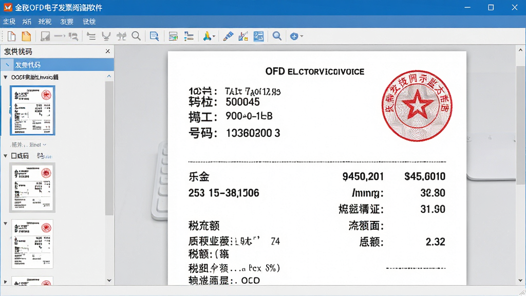 ���壺��˰OFD���ӷ�Ʊ�Ķ����������棬����չʾһ��OFD���ӷ�Ʊ��������ʽ��������Ʊ���롢���롢��˰��ȹؼ���Ϣ�����Ͻ��к�ɫ��Ʊ�����¡����֣����������ʾ��Ʊ���ݣ����Ϊ�ļ��б�������ͼ��������Ϊ�˵����͹��������Ű棺������죬��Ʊ����ռ���Ӿ������߰�ť�������롣�������칫�����ɫ����ɫ��������ɾ����䡣ϸ�ڣ���Ʊ���������ɱ棬ӡ�´��з�α����Ч��������Ϊǳ��ɫ����̨�����ʣ�������Ⱦ��ϸ�ڷḻ��ɫ��׼ȷ���ɾ��޶���Ԫ�ء�