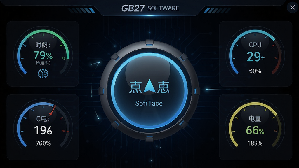 GB27���������ܼ���ҳ�棬������ʾһ�����͵�Բ�μ��ٰ�ť����Χ�������ڴ�ռ���ʡ�CPU�¶ȡ�������ʵʱ�����Ǳ��̣����������ɫ�Ƽ�������ݶ�̬չʾ������ֱ�ۣ�ϸ�ڷḻ�����ʸ��壬�޶���Ԫ��