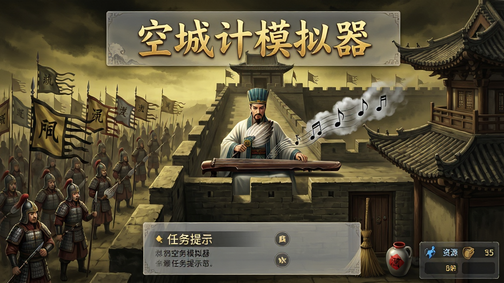 主体:空城计模拟器游戏主界面,古代城墙之上,诸葛亮手持羽扇悠然抚琴,城下千军万马驻足不敢前。布局:画面中央为城墙与人物,左侧敌军旌旗密布,右侧城楼飞檐翘角。排版:界面UI为半透明古风面板,上方显示“空城计模拟器”金色大字,下方为任务提示与资源栏。风格:写实与水墨结合,色调偏暗黄,营造紧张悬疑氛围。细节:敌军士兵表情犹豫,琴弦上飘出音符化作云雾,城门口有扫帚与酒壶。画质:8K超清,光影细腻,干净无多余元素。