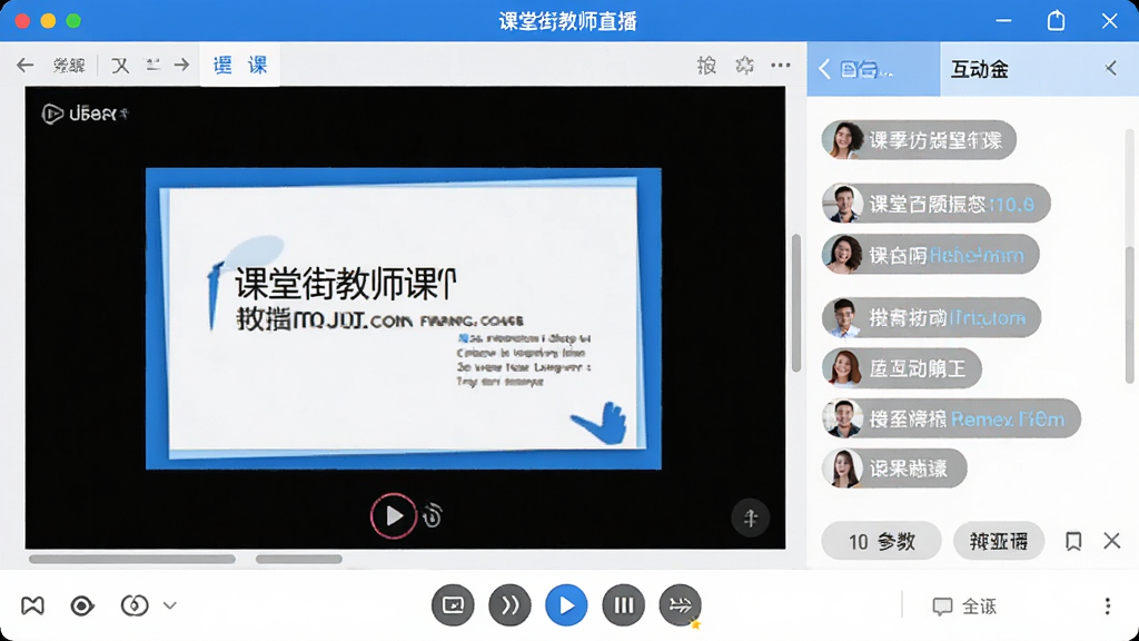 课堂街教师直播软件主界面截图,展示直播课堂的完整布局,左侧为课件显示区,右侧为互动聊天区,底部为控制工具栏,整体风格简洁明亮,色彩以蓝白为主,画质清晰干净,无多余元素