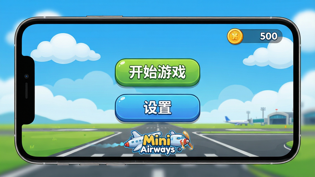 主体:手机屏幕显示游戏主菜单界面,背景是蓝天白云和机场跑道;布局:屏幕中央有