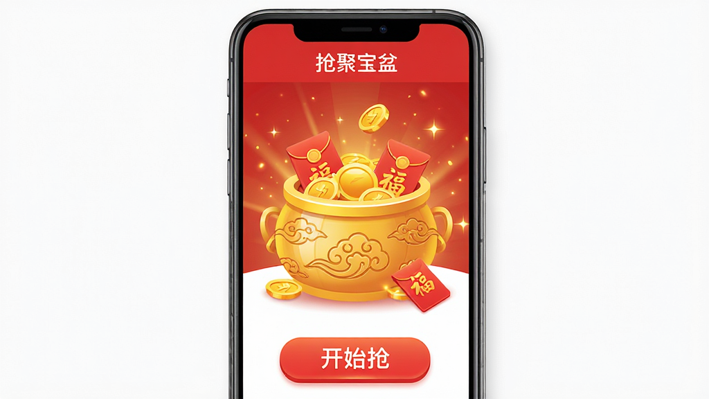 主体:一款名为“抢聚宝盆”的安卓手机应用界面,屏幕中央有一个金光闪闪的聚宝盆,盆口溢出金币和红包。布局:手机竖屏居中展示,UI界面简洁,顶部有应用名称“抢聚宝盆”,下方有“开始抢”按钮。排版:界面元素有序排列,聚宝盆作为视觉中心,按钮醒目。风格:现代扁平化设计,色彩以红色和金色为主,喜庆吉祥。细节:聚宝盆上刻有祥云纹理,红包上印有“福”字,周围有微光粒子效果。画质:高清,干净,无多余元素。