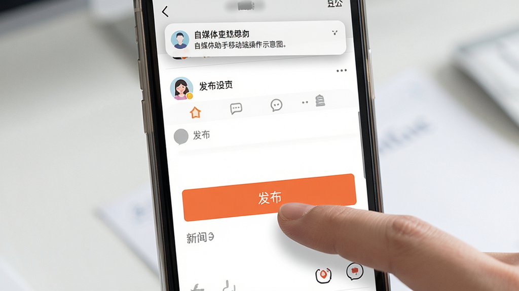 自媒体助手移动端操作示意图,主体为手机屏幕展示应用内发布页面,手指点击“发布”按钮,布局为手机居中特写,风格写实,细节有悬浮通知栏提示,画质高清干净