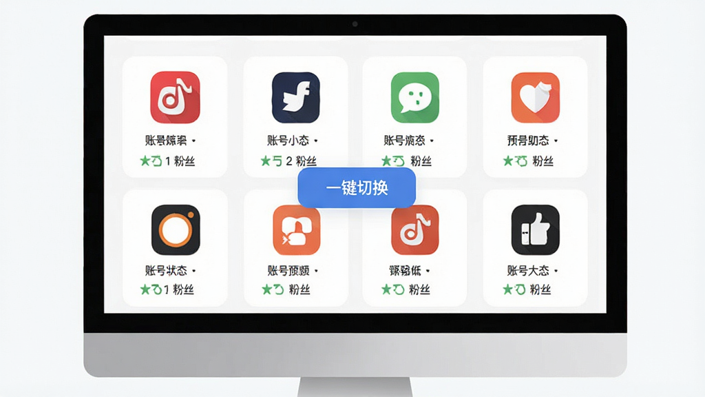自媒体助手多账号管理功能预览图,主体为电脑屏幕中排列着多个社交平台图标,每个图标下方显示账号状态和粉丝数,布局采用网格化排版,风格扁平化简洁,细节突出“一键切换”按钮,画质清晰干净无冗余元素