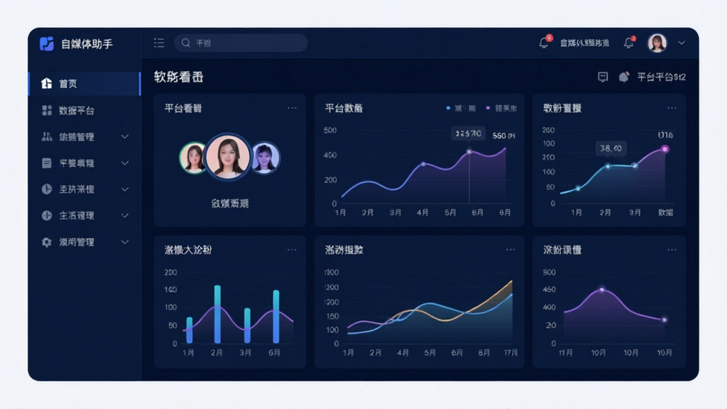 自媒体助手软件主界面预览图,主体为深蓝色科技感控制台,左侧功能导航列表清晰可见,中央显示多平台数据看板图表,布局规整大气,排版采用现代化UI设计风格,细节包含账号头像和涨粉曲线,画质高清干净无多余元素