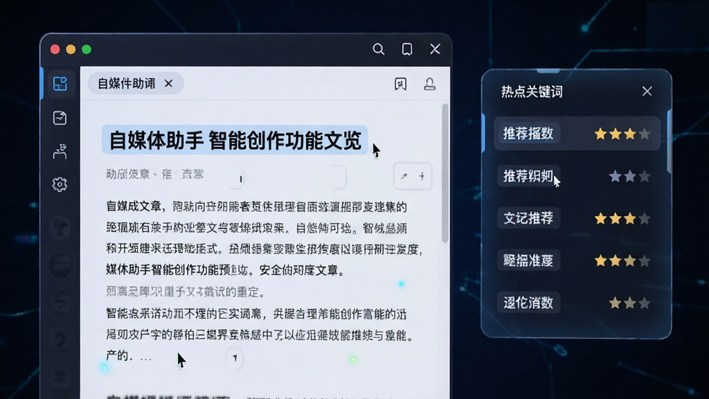 自媒体助手智能创作功能预览图,主体为编辑框中自动生成的文章标题和正文片段,右侧悬浮热点关键词列表,布局为左右分栏式,风格科技感十足,细节有光标闪烁和推荐指数星级,画质高清干净