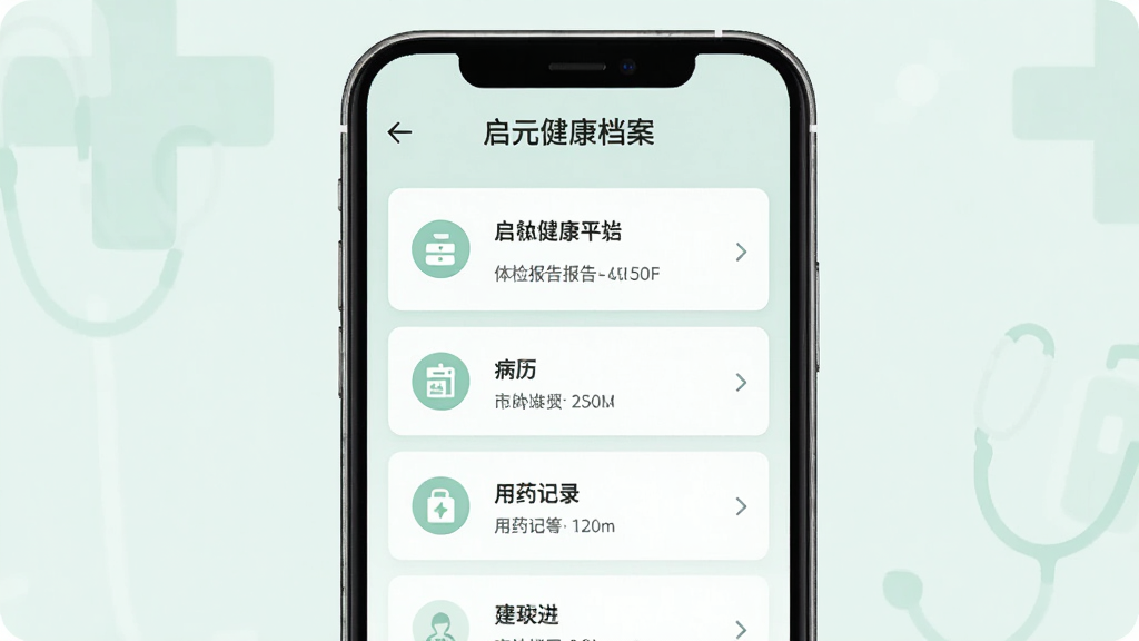 启元健康平台健康档案功能界面,手机屏幕上展示电子健康档案列表,包含体检报告、病历、用药记录等分类,背景为淡绿色医疗风格,卡片式布局,图标简洁,画质干净,无多余元素