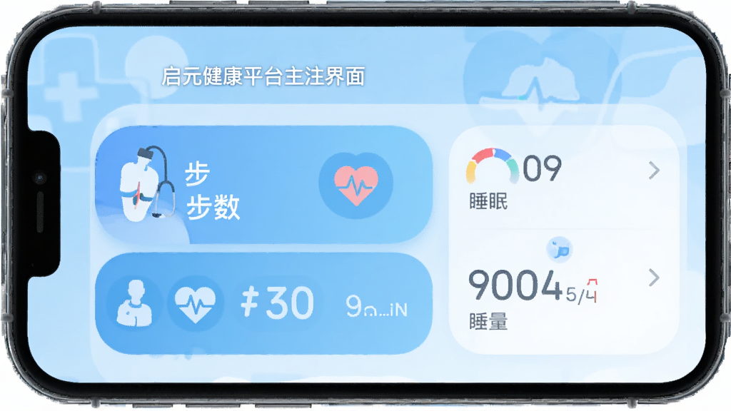 启元健康平台app主界面展示,智能手机屏幕显示健康数据仪表盘,包含步数、心率、睡眠质量等指标,背景为浅蓝色医疗风格,界面布局清晰,图标圆润,整体风格现代简洁,画质干净,无多余元素