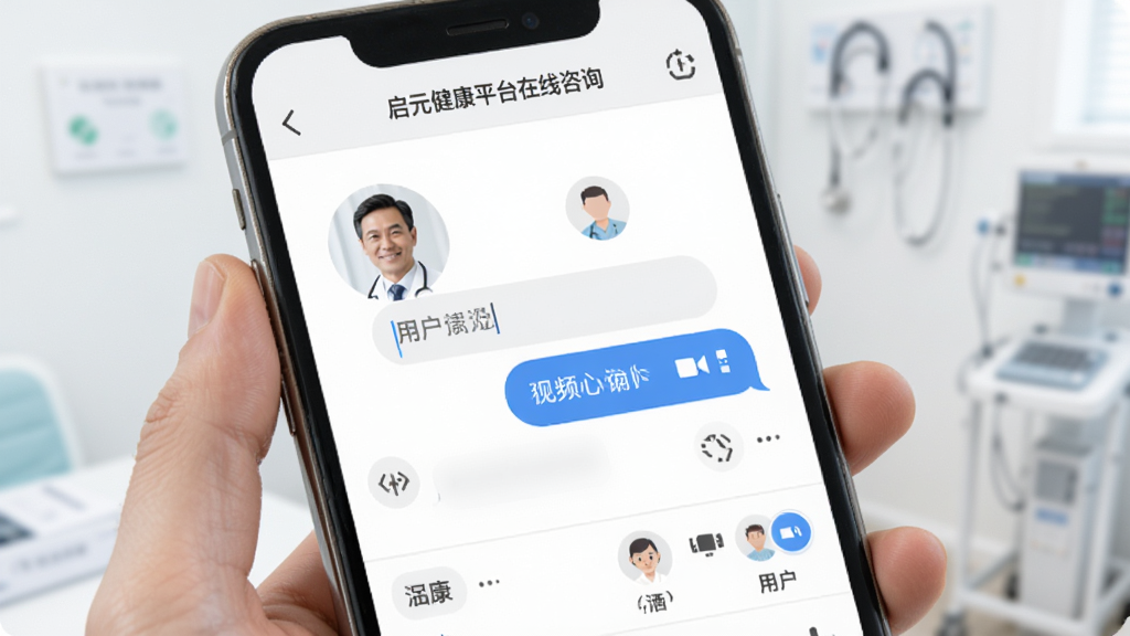 启元健康平台在线咨询界面,手机屏幕显示与医生的对话窗口,包含文字输入框与视频通话按钮,背景为白色医疗风格,医生头像与用户头像清晰可见,界面友好,画质干净,无多余元素