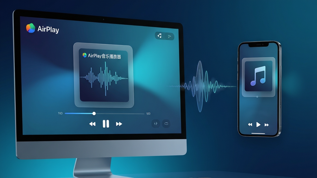 ���壺AirPlay���ֲ������ڵ�����Ļ�ϵĽ�����д������������ʾר�������벥�Ž���������Χ��������͵Ĺ�ӰЧ�������֣�����λ�ڻ�����࣬�Ҳ��������ֻ�Ͷ�����ֵĶ�̬ʾ��ͼ������֮�������ŵ���Ƶ�������ӡ��Ű棺���öԳ�ʽ��ͼ�����Ͻ���ʾ����Logo�����ƣ��ײ������Ų��ſ��ư�ť������ִ��Ƽ��У�ɫ������������ɫ����Ϊ��������ĥɰ�����ʸС�ϸ�ڣ���Ļ��������ʾ��AirPlay���ֲ����������������ֲ��ζ�̬���������ʣ�8K�����壬�ɾ����޶���Ԫ�ء�