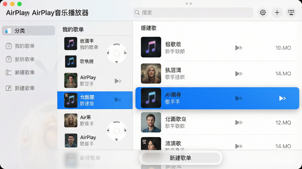 ���壺AirPlay���ֲ������Ĳ����б��������棬���Ϊ���������Ҳ�Ϊ�����б������֣����½ṹ������Ϊ�������·����Ϊ���ҵĸ赥���б����Ҳ�Ϊ������ϸ��Ϣ���Ű棺���ÿ�Ƭʽ���֣�ÿ�׸�����ʾ���桢���ơ����ֺ�ʱ��������ִ���Լ��ǳɫ��������ɫ������ʾ��ǰ������Ŀ��ϸ�ڣ��б��Ϸ��С�AirPlay���ֲ��������������ײ��С��½��赥����ť�����ʣ����壬�ɾ����޶���Ԫ�ء�