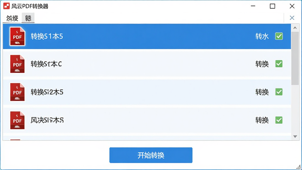 风云PDF转换器批量处理界面,显示多个PDF文件列表,每个文件旁有转换状态勾选标记,界面底部有“开始转换”按钮,整体风格简洁,以蓝色和白色为主,软件名称出现在窗口标题栏,画面干净,无多余元素