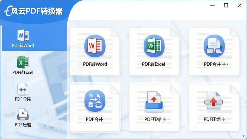 现代简约风格的软件主界面截图,展示风云PDF转换器的核心功能图标布局,左侧功能栏清晰标注“PDF转Word”、“PDF转Excel”、“PDF合并”、“PDF压缩”等选项,界面以蓝白为主色调,背景干净明亮,突出软件名称“风云PDF转换器”的LOGO置于左上角,整体排版整齐,画面清晰,无多余元素