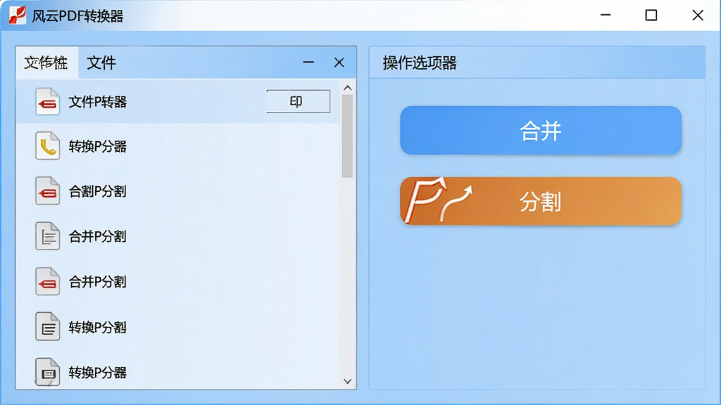 展示风云PDF转换器的PDF合并分割功能,界面显示两个区域,左侧为文件列表,右侧为操作选项,有“合并”和“分割”按钮,背景为浅蓝色,软件名称“风云PDF转换器”在顶部导航栏,画面清晰,无多余元素