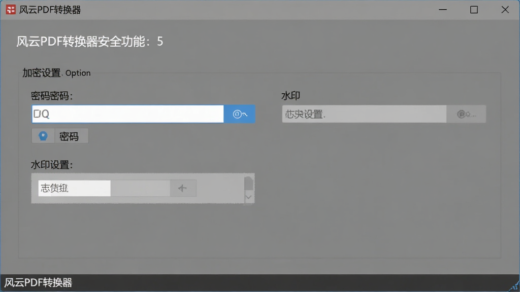 风云PDF转换器安全功能界面,显示加密设置选项,有密码输入框和水印设置区域,背景为灰色调,软件名称在底部状态栏,画面简洁,无多余元素