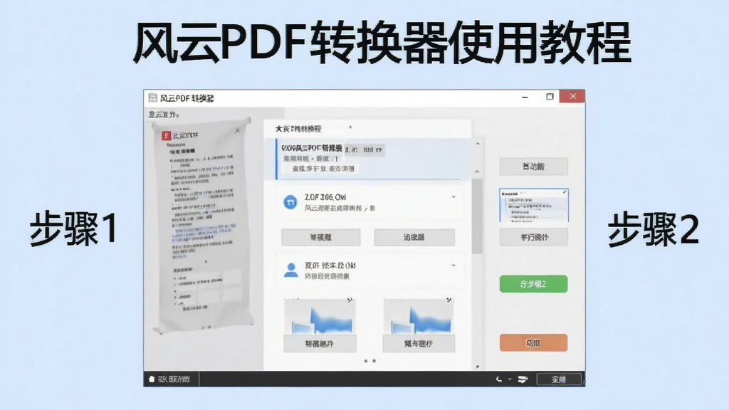 风云PDF转换器使用教程截图,显示软件主界面及功能按钮,背景为淡蓝色,画面标注“步骤1”、“步骤2”等字样,软件名称显示在顶部,清晰无多余元素