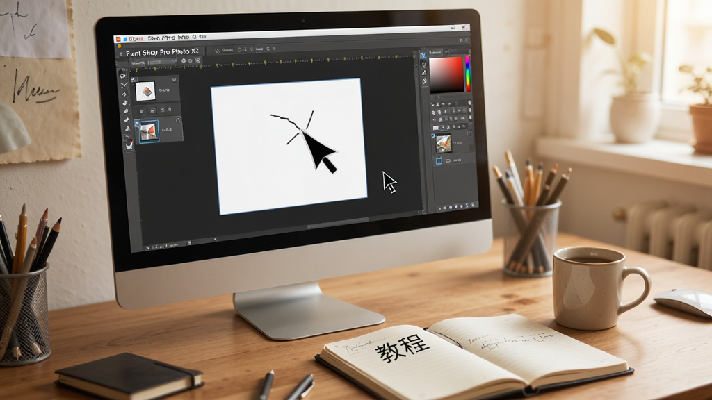 ���壺������Ļ��ʾPaint Shop Pro Photo X2�ı༭���棬�Ա���һ���ʼǱ��Ϳ��ȱ������֣����泡��������Ϊ������Χ�а칫��Ʒ���Ű棺�������ʵ�������ܰ��ʵ�ã�ϸ�ڣ���Ļ�пɼ�����ͼ��ͻ��ʹ�꣬�ʼǱ���д�С��̡̳����������ʣ����壬�ɾ����޶���Ԫ�ء�