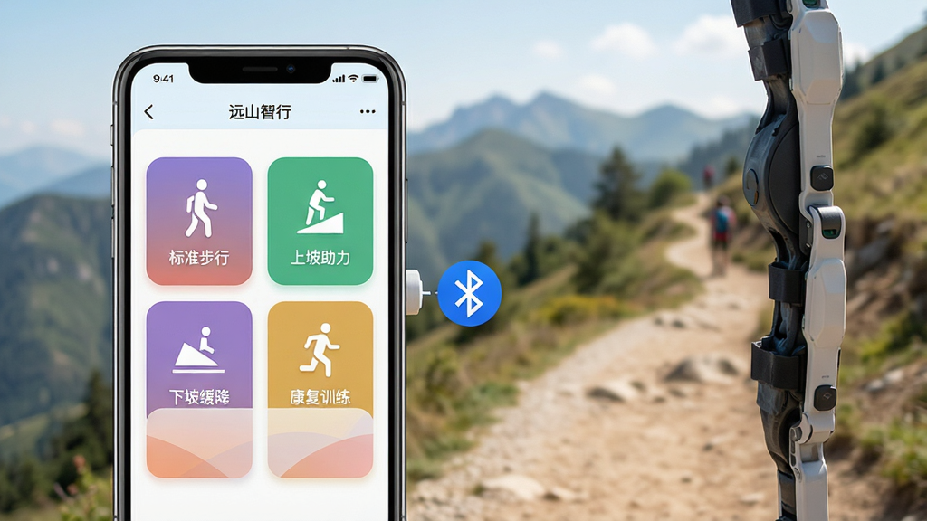 һ�������ֻ�����������豸�Ľ����ͼ���ֻ���Ļ����ʾ��Զɽ���С�APP��ģʽѡ��ҳ�棬��������׼���С����������������������»�������������ѵ�����ĸ���ɫͼ�갴ť������Ϊ����ɽ�䲽�����豸������ͼ�����ӣ������Ű���������������������ʸ��壬ϸ����ʵ���ɾ��޶���Ԫ��