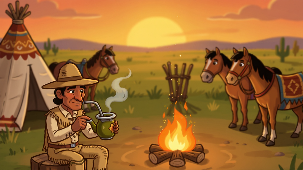 ���壺Gaucho Origins��Ϸ��ͼ��չʾ������Ӫ�س�����һ��������������������������裬��Χ����ƥ�����񣬱����ǲ�ԭ���䡣���֣�Ӫ�س������У�����λ�����½ǣ�����������ƫ�ң���ƥ���Ҳ࣬����ռ�ݻ��涥�����Ű棺���ûƽ�ָͼ��ǰ�����о���Զ����η���������ֻ濨ͨ���ɫ����ů��������͡�ϸ�ڣ������л�������Ч����������ð�������������ϵĻ��������ɼ������ʣ��߷ֱ��ʣ��ɾ����޶���Ԫ�ء�