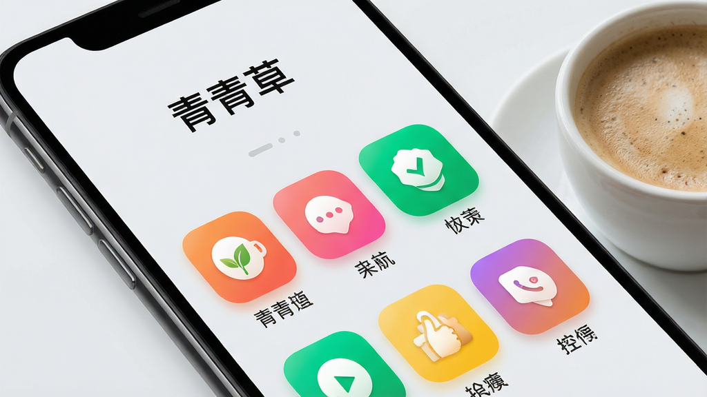 �ֻ���Ļ��д����ʾ������ݡ�App��������������ҳ�棬һ�Ų�ɫԲ��ͼ�갴ť��ÿ��ͼ���·��м�����ֱ�ǩ������Ϊ�ɾ���ǳ��ɫ���ֻ��Ա߷���һ�����ȡ�����Ϊ45�Ƚǲ��ģ�ͻ����Ļ���ݡ�����Լ����ɫ�����죬ϸ��չ��ͼ��ľ��¸У������������޶���Ԫ��