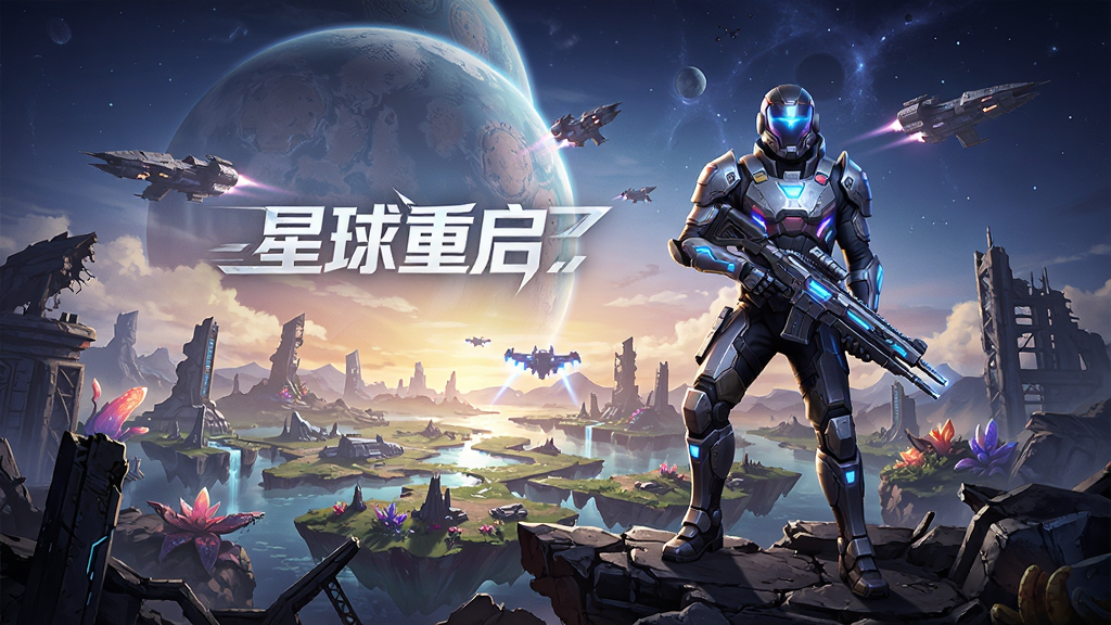 星球重启游戏主视觉图,展现未来科幻风格的异星大陆,主角身穿高科技装甲手持武器站立在废墟之上,远处有巨大的星球和飞船,画面宏大,色彩丰富,光影效果强烈,游戏宣传海报风格,高清画质,干净无多余元素