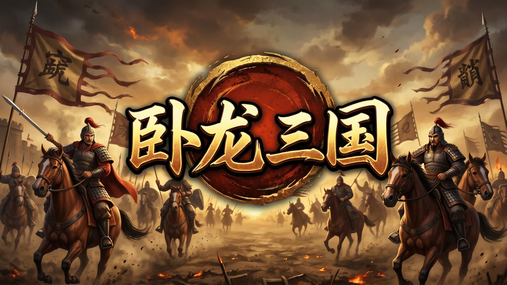 画面中央展示“卧龙三国”游戏LOGO,背景为烽火连天的三国战场,武将骑马冲锋,旗帜飘扬,整体风格写实,色彩浓郁,布局大气,排版居中,细节丰富,画质高清,干净无多余元素。