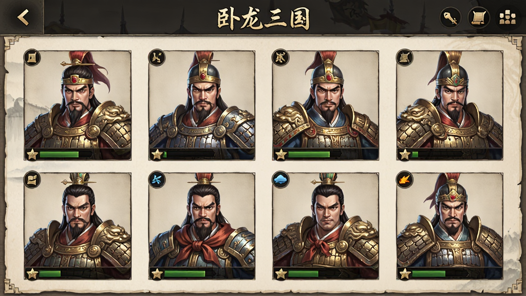 游戏画面截图,展示“卧龙三国”武将养成界面,多名三国名将立绘排列,角色形象精致,布局清晰,排版整齐,风格古风,细节丰富,画质高清,干净无多余元素。