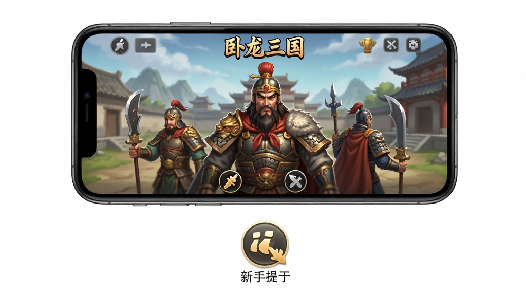 手机屏幕展示“卧龙三国”游戏界面,下方有新手提示图标,风格简洁,布局居中,排版整齐,画质高清,干净无多余元素。