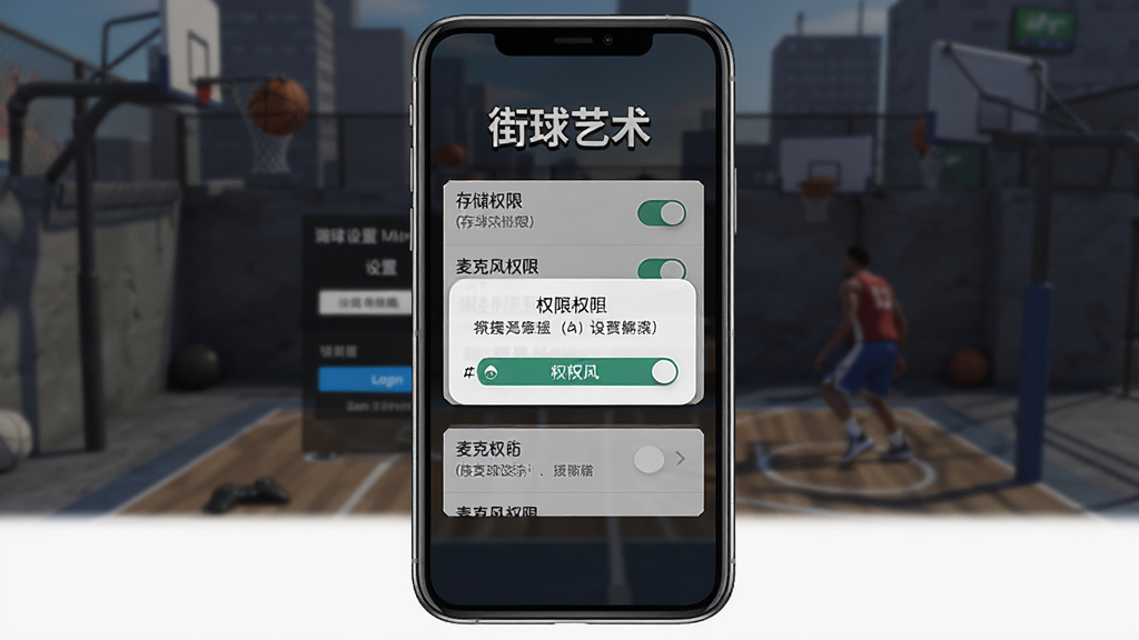 主体:《街球艺术》游戏安装和设置界面,手机屏幕上显示权限请求对话框。布局:手机位于画面中央,屏幕内展示设置选项列表。排版:清晰展示各项权限开关。风格:写实风格,手机模型质感真实。细节:屏幕上有“存储权限”、“麦克风权限”等选项,背景为游戏登录界面。画质:高清,干净无多余元素。