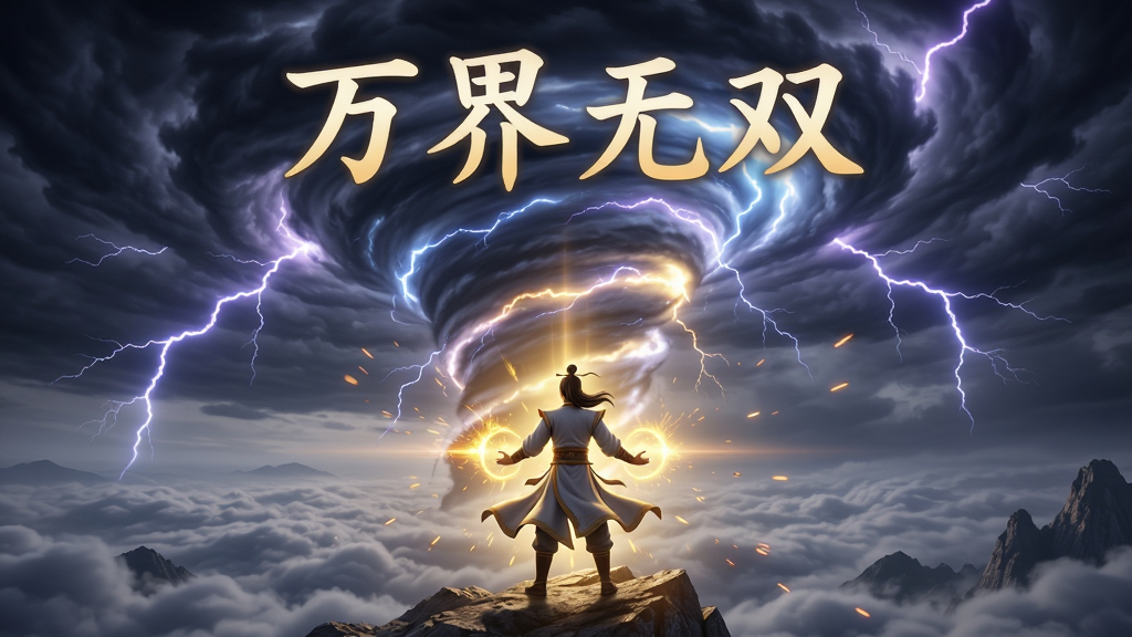 画面主体为一名修士正在山顶直面雷霆天劫,天空乌云密布,电闪雷鸣形成巨大的漩涡,下方是翻涌的云海。布局上,人物置于画面中央偏下,劫云占据上方三分之一,形成强烈的视觉压迫感。排版采用纵向延伸构图,突出天劫的壮观。风格为写实3D渲染,光影对比强烈,闪电的蓝紫色与人物护体金光的暖黄色形成鲜明反差。细节刻画包括飘动的衣袍、飞溅的火花和凝聚的法术光芒,画质高清,干净无多余元素,画面中悬浮着“万界无双”四个大字。
