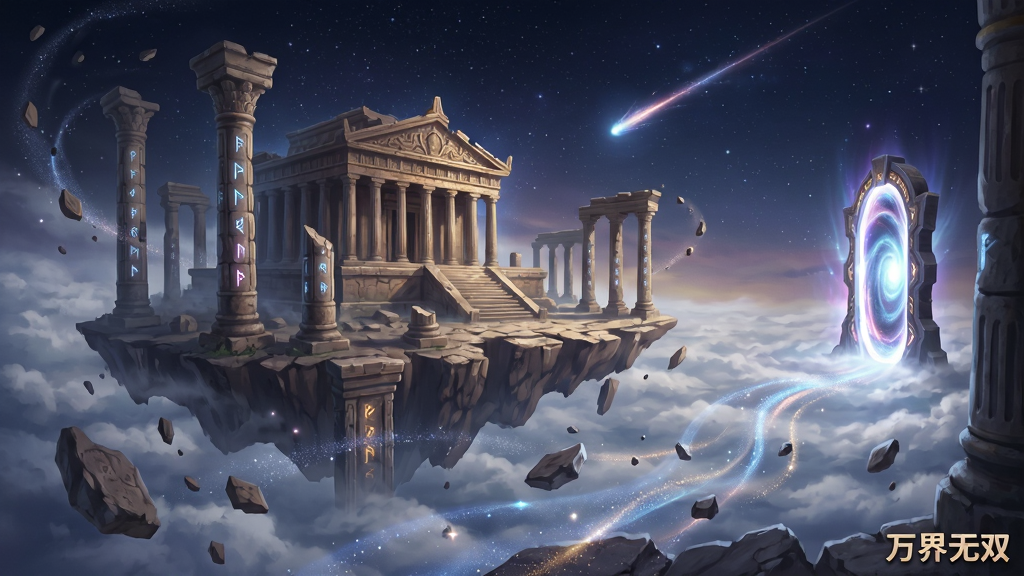 画面主体为一片悬浮在星空中的古老遗迹群,残破的石柱与宏伟的殿宇漂浮在云海之上,远处有流星划过,一扇发光的传送门矗立在前方。布局采用开放式构图,遗迹群占据画面主体,传送门位于右侧三分之一处,引导视线延伸。排版注重空间层次感,由近及远展现遗迹的沧桑与星空的浩瀚。风格为奇幻瑰丽的CG插画风,色彩神秘而富有想象力。细节包括石柱上的符文、飘浮的碎石与流动的星光特效,画质高清,干净无多余元素,画面角落有“万界无双”的印记。
