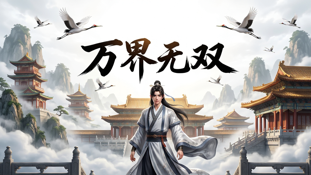 图片中展示一位身着飘逸古装、气质出尘的年轻修士,背景是云雾缭绕的仙山琼阁与壮丽辉煌的古代宫殿建筑群,画面中央醒目地显示游戏名称“万界无双”。整体布局宏大,人物位于画面中下方,上方留白展现天空与飞行的仙鹤,排版采用居中对称构图。风格为精致细腻的国风水墨与现代CG渲染结合,色彩瑰丽,光影层次丰富。细节上注重服饰纹理、建筑雕梁画栋的刻画,画质高清,干净无多余元素,突出仙侠世界的唯美与壮阔。