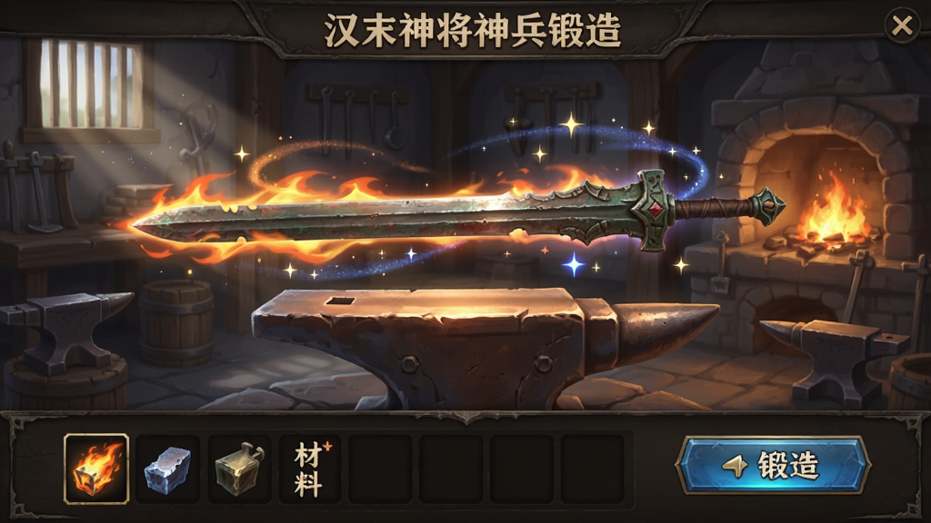 汉末神将神兵锻造界面,一柄古朴长剑悬浮在锻造台上,周围有火焰和星光特效,界面下方有材料栏和锻造按钮,背景是铁匠铺,光影效果出色,画质细腻,干净无多余元素
