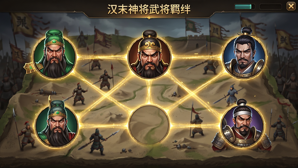 汉末神将武将羁绊界面,展示关羽、张飞、赵云等五虎上将头像,头像之间用金色光线连接,背景是战场沙盘,界面布局清晰,UI设计精美,画质高清,干净无多余元素
