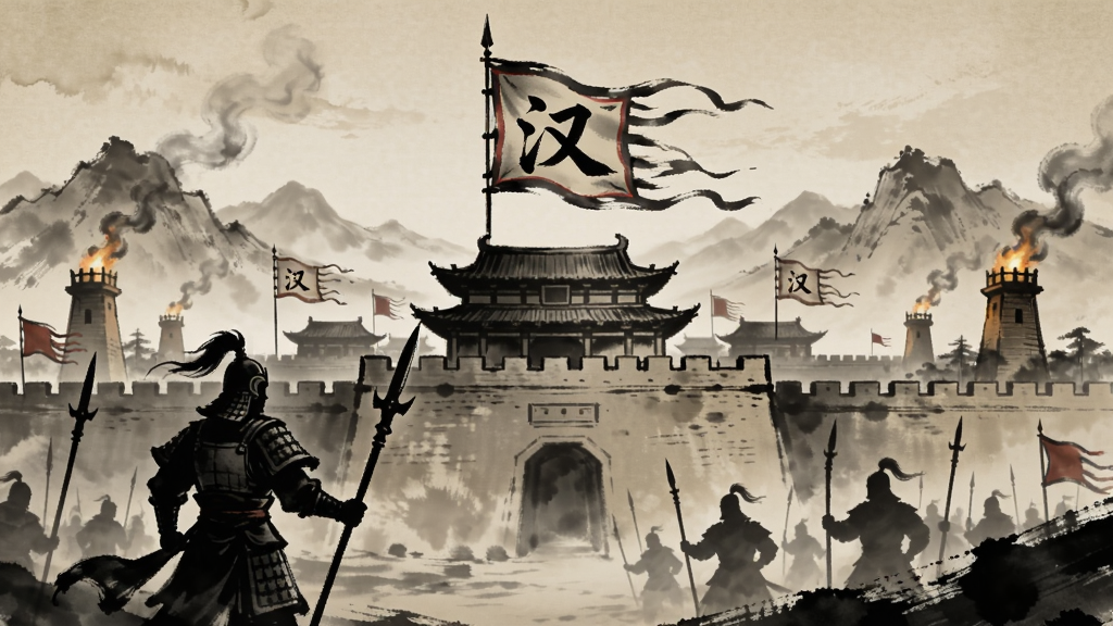 汉末神将游戏主界面,水墨风格,画面中央是雄伟的古代城池,城楼上飘扬“汉”字大旗,远处是连绵山脉和烽火台,近景有手持长枪的武将剪影,整体氛围苍凉壮阔,画质精细,色彩古朴,干净无多余元素