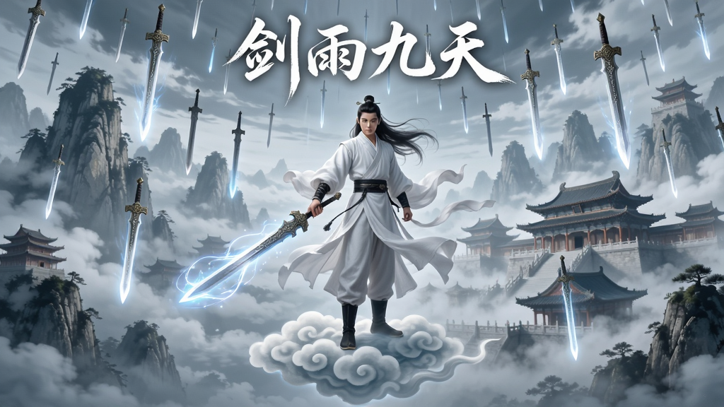 画面中央一位白衣飘飘的剑修主角,手持流光溢彩的古剑,脚踏祥云,背景是云雾缭绕的仙山与宏伟的古代宫殿群,天空中有无数光剑如雨般坠落,展现修仙世界的浩瀚与壮丽,整体采用中国风水墨渲染风格,结合光影特效,画质高清细腻,干净无多余元素,文字标注“剑雨九天”位于画面上方。