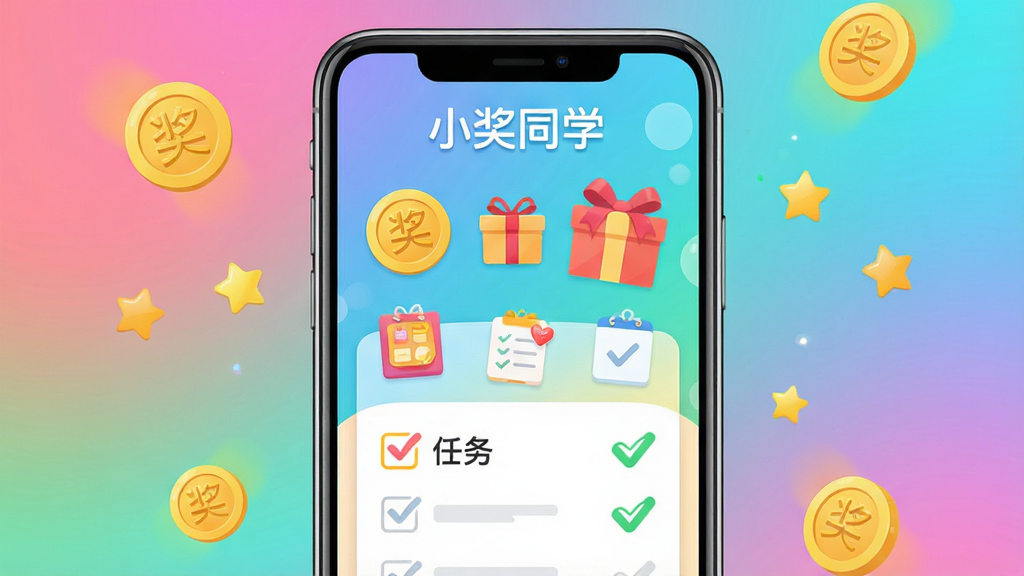 主体:一款名为“小奖同学”的手机应用界面,屏幕上有金币、礼盒、任务清单等元素,整体风格明亮活泼。布局:手机屏幕居中,背景为渐变色,周围有悬浮的金币和星星装饰。排版:界面清晰,功能图标排列整齐,顶部有“小奖同学”字样。风格:扁平化插画风,色彩鲜艳,干净整洁。细节:金币上有“奖”字,礼盒有蝴蝶结,任务清单勾选状态。画质:高清,干净,无多余元素。