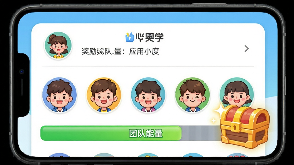 主体:小奖同学应用的小队界面,展示团队成员头像、团队能量条和奖励进度。布局:手机屏幕居中,团队信息卡片在顶部,成员头像横向排列,能量条为绿色进度条。排版:信息层级分明,奖励进度醒目。风格:清新卡通,色彩活泼。细节:成员头像有笑脸,能量条上有“团队能量”标签,奖励宝箱有闪光效果。画质:高清,干净,无多余元素。