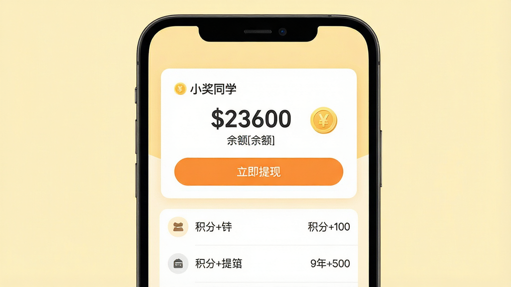 主体:小奖同学应用的钱包界面,显示余额、提现按钮和交易记录。布局:手机屏幕居中,钱包卡片突出显示,背景为淡黄色。排版:余额数字大而醒目,提现按钮为橙色,交易记录列表清晰。风格:简洁商务,色彩温暖。细节:余额数字旁有金币图标,提现按钮上写有“立即提现”,交易记录有“积分+100”等字样。画质:高清,干净,无多余元素。