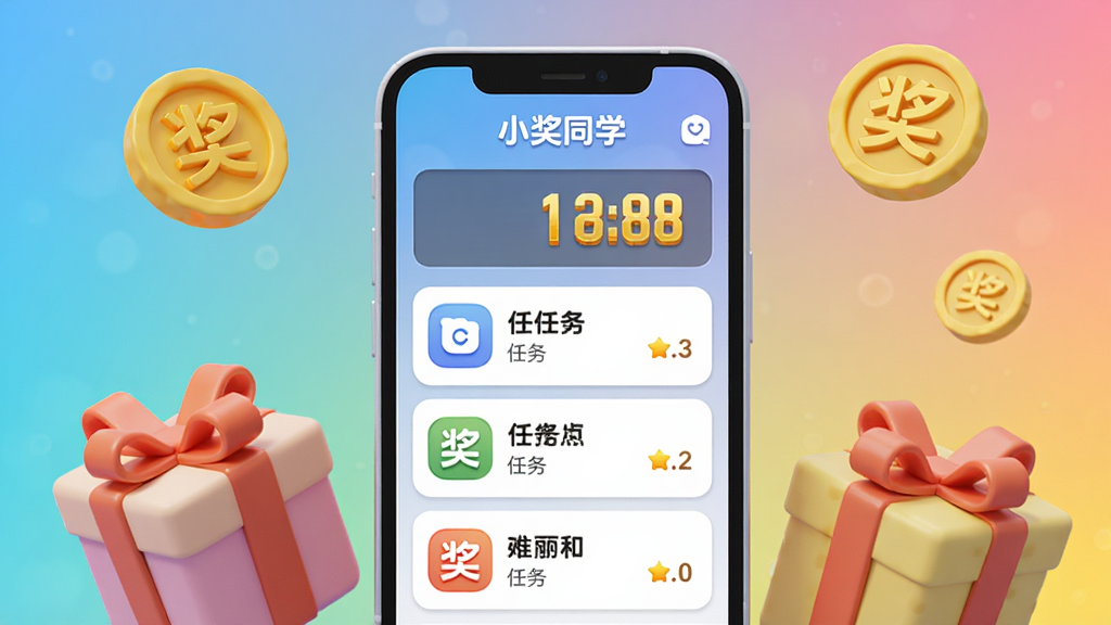 主体:一部手机展示小奖同学应用的主页,屏幕上显示任务列表和积分余额,手机旁边有金币和礼物盒。布局:手机居中,背景为渐变色,金币和礼物盒散布在手机周围。排版:手机屏幕内容清晰,任务列表有图标和文字,积分余额用金色数字显示。风格:立体卡通风格,色彩鲜艳。细节:金币上有“奖”字,礼物盒带有蝴蝶结,手机屏幕有“小奖同学”字样。画质:高清,干净,无多余元素。