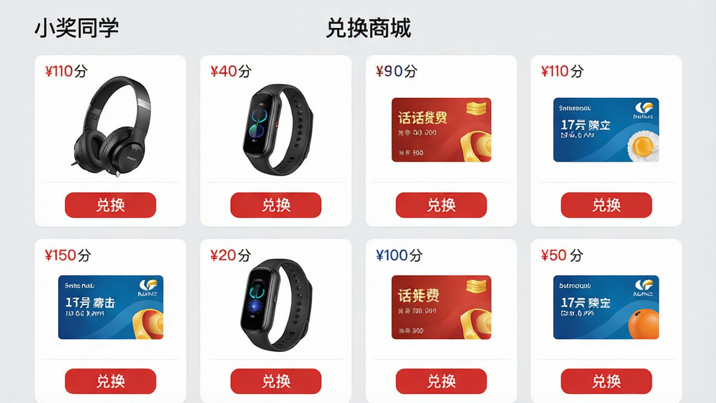 主体:小奖同学应用的兑换商城界面,展示商品货架,有耳机、手环、话费卡等商品图片。布局:网格布局,商品卡片整齐排列,背景为浅灰色。排版:商品图片上方有价格积分,下方有“兑换”按钮。风格:简约大气,商品突出。细节:耳机图片精致,手环带屏幕,话费卡有运营商logo,兑换按钮为红色。画质:高清,干净,无多余元素。