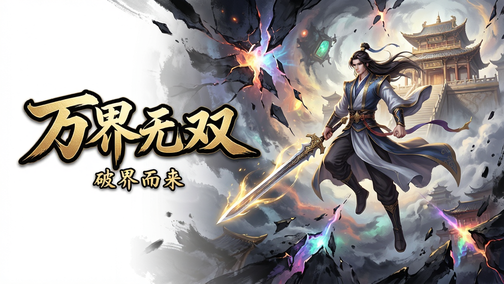 主体:游戏《万界无双》的主视觉宣传图,展现主角踏剑凌空,背景是破碎的虚空与宏伟仙宫。布局:主角位于画面中央偏右,左侧留白放置游戏logo“万界无双”四个大字,下方为一行小字“破界而来”。排版:logo采用书法字体,金色描边,整体庄重大气。风格:东方玄幻,水墨与厚涂结合,色彩绚丽,光影层次丰富。细节:主角衣袍飘动,剑身泛着灵光,虚空裂缝中透出异界光芒,仙宫若隐若现。画质:8k超清,细节精致,干净无多余元素。
