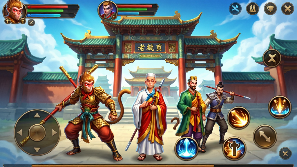 主体:游戏主界面截图展示,以宏伟的南天门为背景,前景是孙悟空、唐僧等主要角色立绘,角色姿态生动。布局:界面采用竖向排列,顶部为角色状态栏,中间为游戏场景,底部为技能按钮和摇杆。排版:清晰展示游戏UI布局,技能图标圆润,文字标识醒目。风格:东方奇幻风格,色彩鲜艳,光影效果强烈,整体画面干净整洁。细节:角色服装纹理清晰,建筑细节丰富,技能特效华丽。画质:高清画质,细节丰富,画面干净,无多余元素。