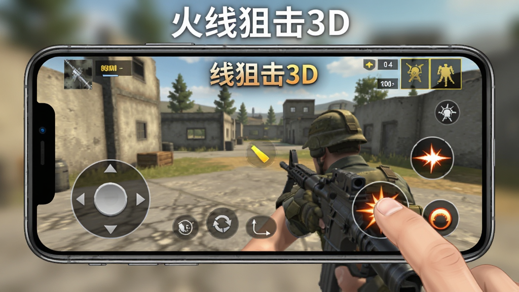 手机横屏握持示意图,屏幕中显示游戏操作界面,左侧虚拟摇杆,右侧开火按钮,玩家手指按在按钮上,背景为游戏实景。画面清晰,标注“火线狙击3D”字样,画质干净无多余元素。