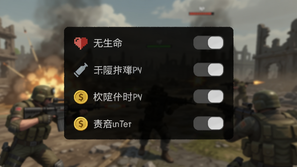 ��Ϸ�������˵����棬��͸���ĺ�ɫ����������Ŷ�����ܿ��أ������������������޵�ҩ����ұ����ȣ�ÿ�������Զ���Сͼ�꣬������ģ����ս�����棬�˵���Ƽ�࣬�����������ɾ��޶���Ԫ��