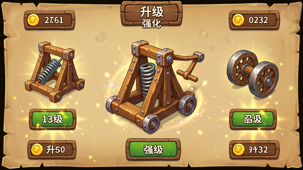 主体:游戏中的升级界面,展示投石车的各个部件,包括木架、弹簧、轮子,每个部件下方有升级按钮和被金色光芒包裹的图标。布局:界面采用居中对称设计,投石车模型在画面中央,周围环绕着功能按钮。排版:UI风格为古旧羊皮纸质感,按钮为木质边框,升级费用用金币图标显示。风格:卡通渲染,画面明亮,质感细腻。细节:投石车上的铆钉清晰可见,升级特效带有粒子光效,界面文字“升级”“强化”清晰,画质高清,干净无多余元素。