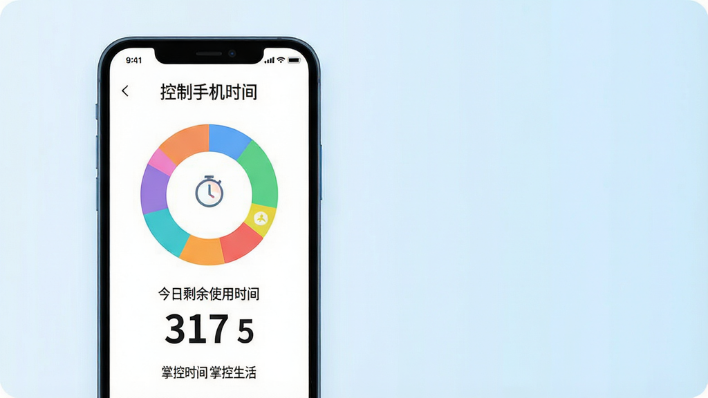 主体:一部智能手机屏幕显示“控制手机时间”主界面,界面中有环形时间统计图表和“今日剩余使用时间”数字。布局:手机居中偏左,右侧留白,背景为浅蓝色渐变,整体简洁。排版:手机屏幕内信息清晰,下方配有一行小字“掌控时间 掌控生活”。风格:现代扁平化插画风,色彩清新明亮。细节:手机屏幕图表用不同色块区分应用类别,数字醒目。画质:高清,干净,无多余元素。