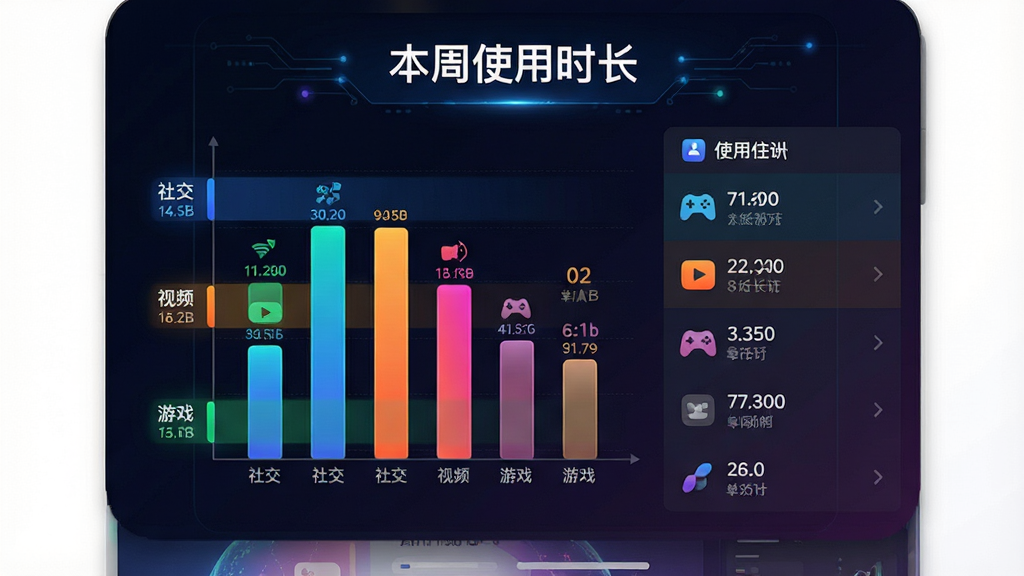主体:一张精美的“控制手机时间”使用统计报告截图,展示柱状图和列表。布局:截图居中,背景为深色渐变,突出图表色彩。排版:柱状图旁标注“社交”、“视频”、“游戏”等分类及具体时长。风格:数据可视化风格,科技感强。细节:柱状图颜色鲜艳,数据标签清晰,顶部有“本周使用时长”标题。画质:高清,干净,无多余元素。